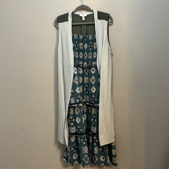 Halston Long Cardigan Sleeveless Open Front Knit Stripe & Green Duster Women L - Picture 8 of 11